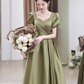 Sexy A line Short Sleeves Sage Green Satin Long Prom Dress C825