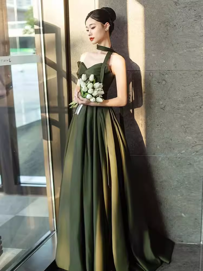 Robe de bal longue en satin vert, ligne A, sexy, chérie, C827