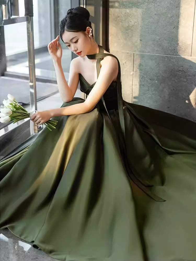 Robe de bal longue en satin vert, ligne A, sexy, chérie, C827