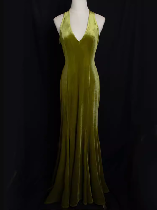 Vintage Mermaid Halter Sleeveless Velvet Green Long Prom Dresses C82