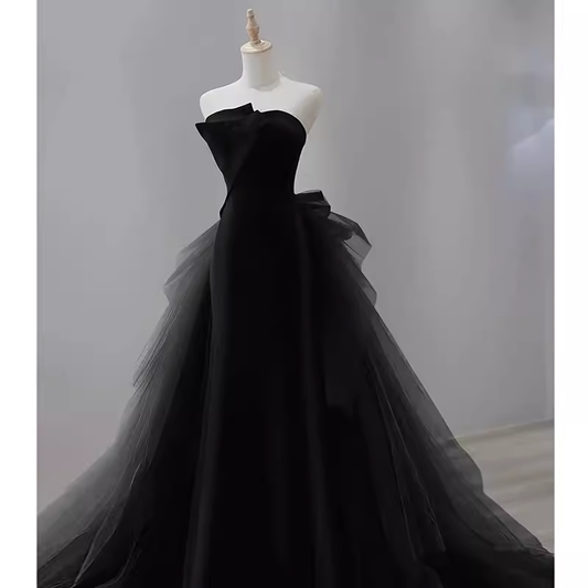 Robe de bal longue en Satin noir, sexy, sans bretelles, sans bretelles, C830