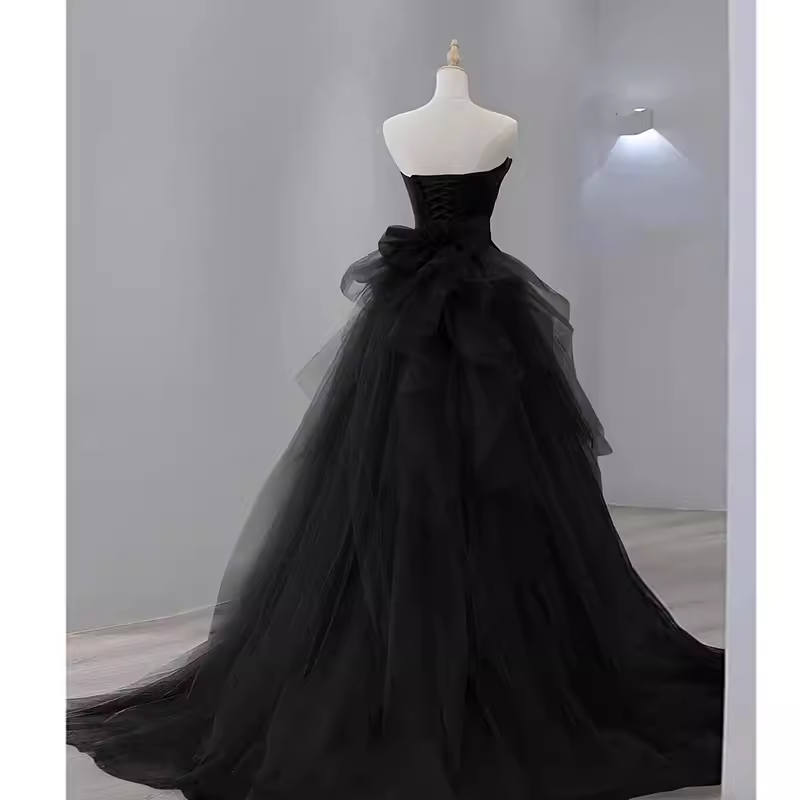 Sexy Mermaid Strapless Sleeveless Black Satin Long Prom Dress C830