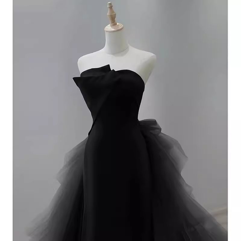 Sexy Mermaid Strapless Sleeveless Black Satin Long Prom Dress C830