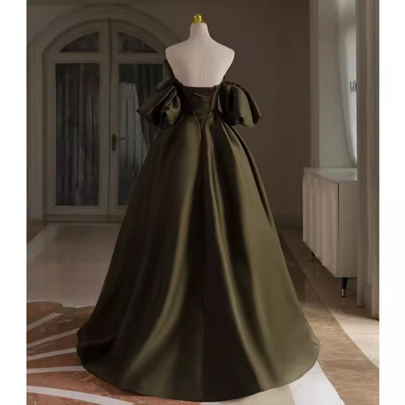 Sexy A line Off The Shoulder Short Sleeves Green Satin Long Prom Dress C831