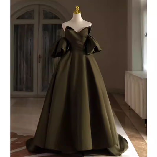 Robe de bal longue en Satin vert, sexy, ligne A, épaules dénudées, manches courtes, C831