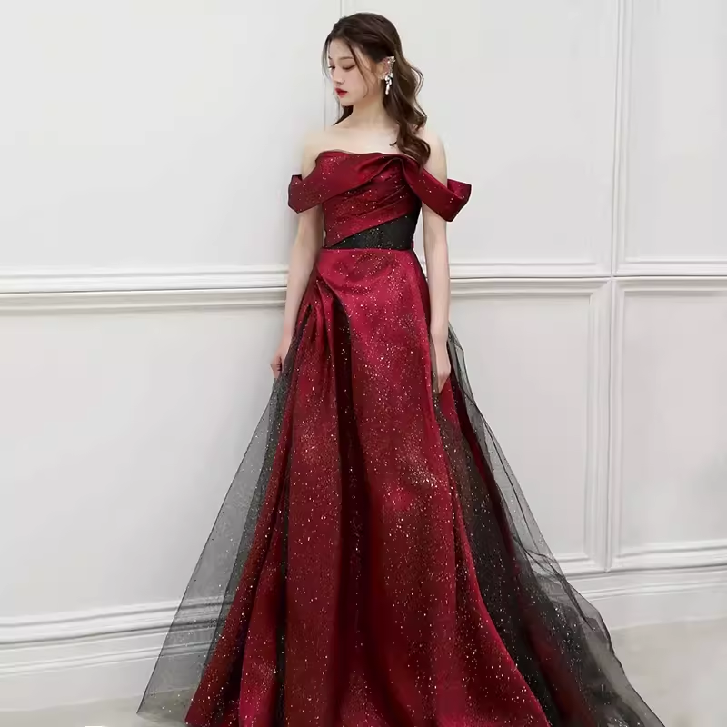 Sexy A line Off The Shoulder Short Sleeves Burgundy Tulle Long Prom Dress C832