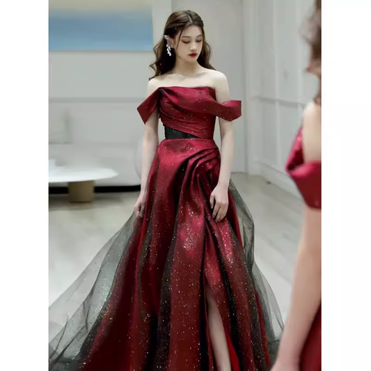 Robe de bal longue en Tulle bordeaux, sexy, ligne A, épaules dénudées, manches courtes, C832