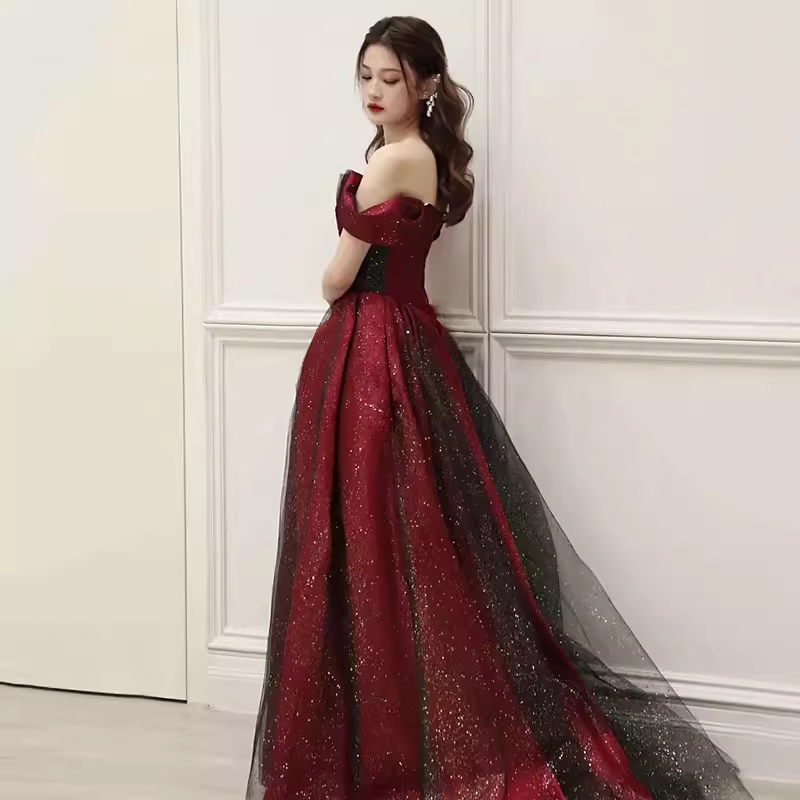 Sexy A line Off The Shoulder Short Sleeves Burgundy Tulle Long Prom Dress C832