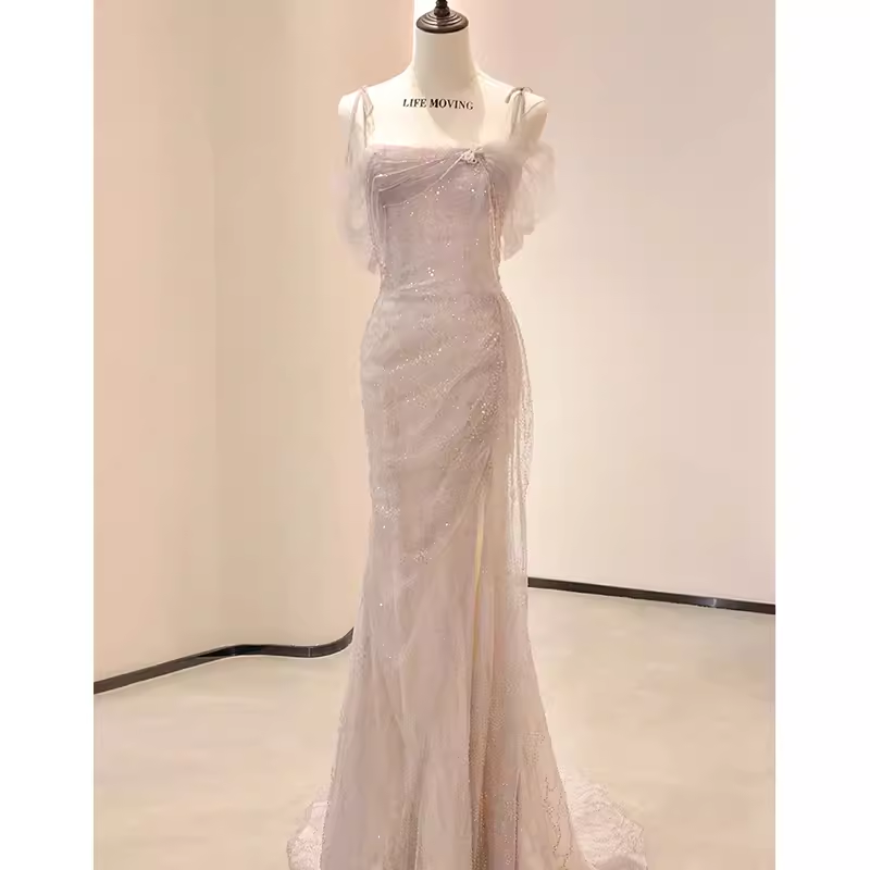 Robe de bal longue en tulle rose à bretelles sirène vintage C783