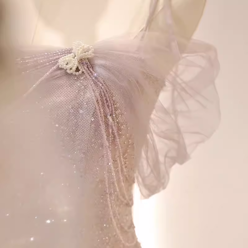 Robe de bal longue en tulle rose à bretelles sirène vintage C783