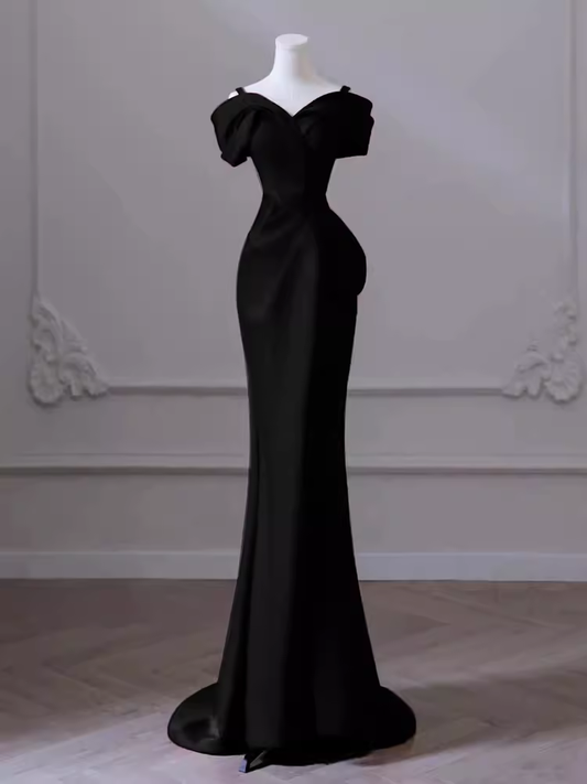 Robe de bal longue en Satin noir, sexy, bretelles Spaghetti, sirène, C834