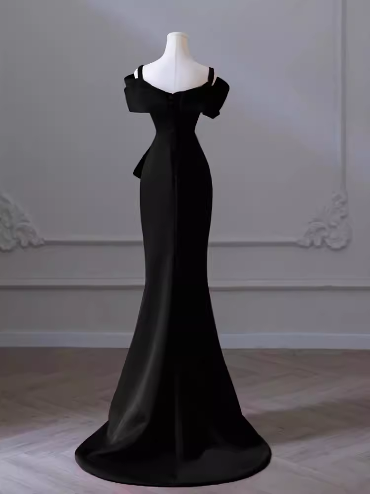 Robe de bal longue en Satin noir, sexy, bretelles Spaghetti, sirène, C834