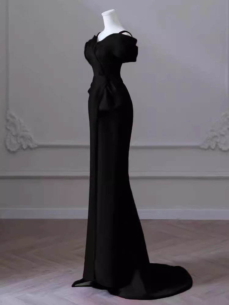 Robe de bal longue en Satin noir, sexy, bretelles Spaghetti, sirène, C834