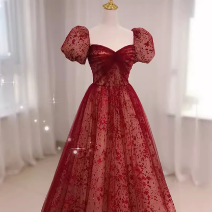 Robe de bal longue en Tulle rouge, bretelles princesse sexy, manches courtes, C835