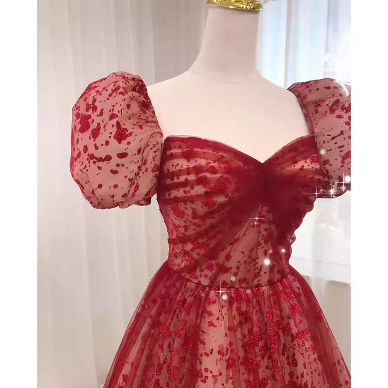 Robe de bal longue en Tulle rouge, bretelles princesse sexy, manches courtes, C835