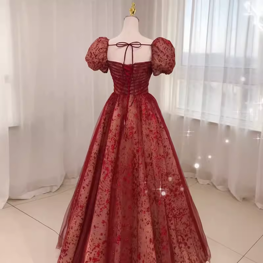 Robe de bal longue en Tulle rouge, bretelles princesse sexy, manches courtes, C835