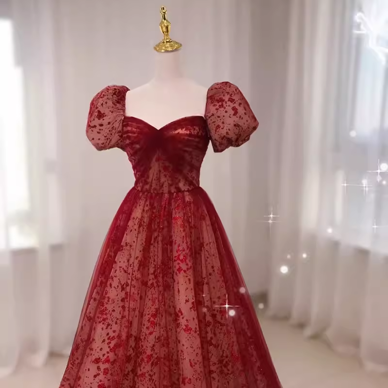 Robe de bal longue en Tulle rouge, bretelles princesse sexy, manches courtes, C835