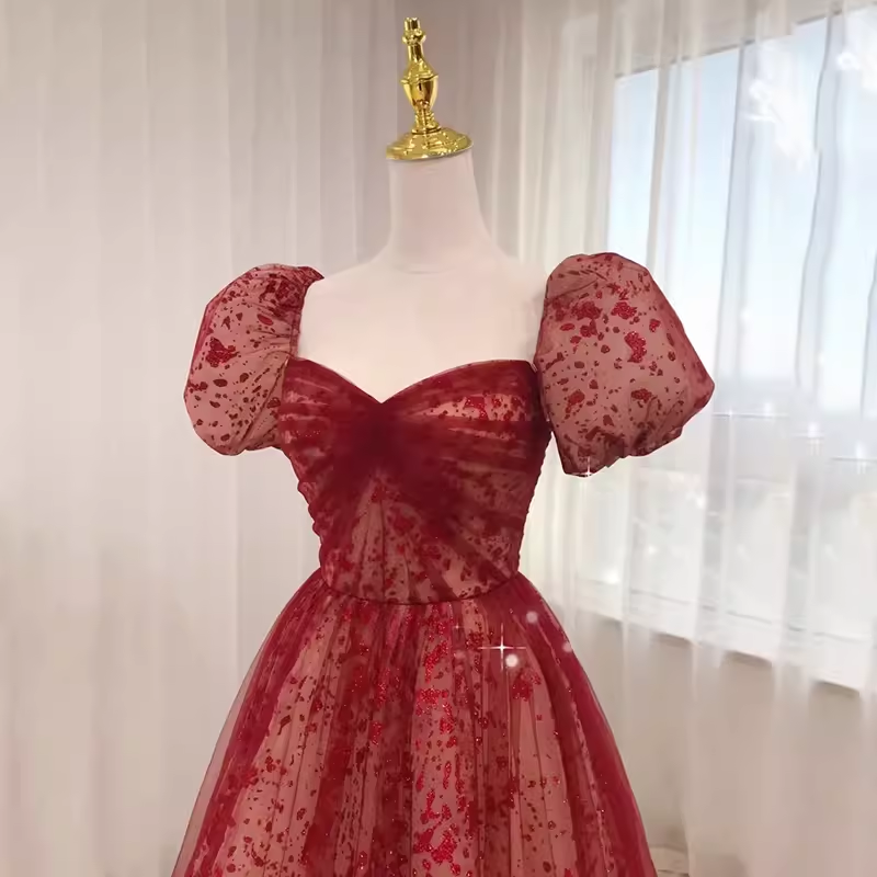 Robe de bal longue en Tulle rouge, bretelles princesse sexy, manches courtes, C835