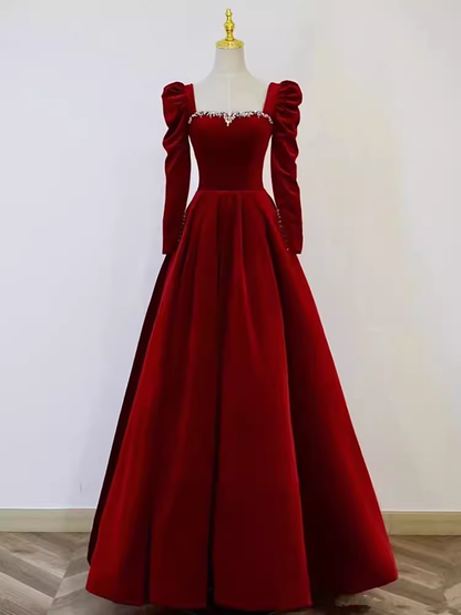 Sexy A line Long Sleeves Velvet Long Red Prom Dresses CC836