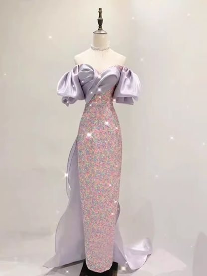 Robe de bal longue en satin à paillettes et manches courtes style sirène sexy C836