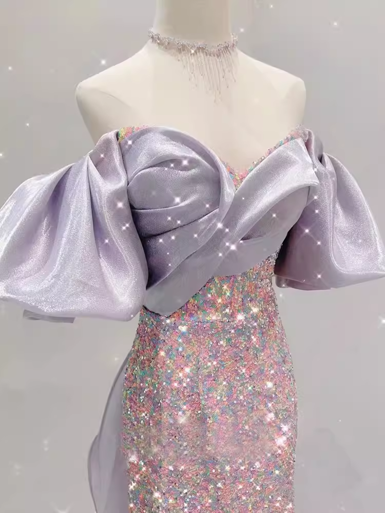 Robe de bal longue en satin à paillettes et manches courtes style sirène sexy C836