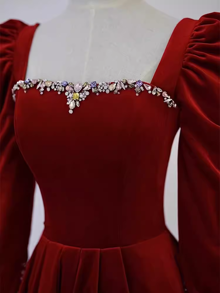 Sexy A line Long Sleeves Velvet Long Red Prom Dresses CC836