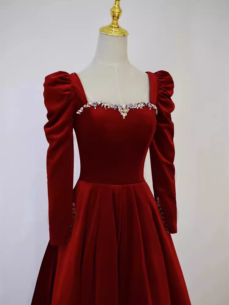 Sexy A line Long Sleeves Velvet Long Red Prom Dresses CC836