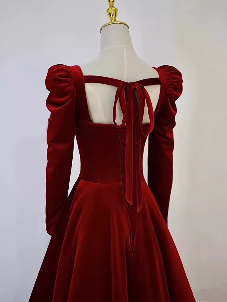 Sexy A line Long Sleeves Velvet Long Red Prom Dresses CC836