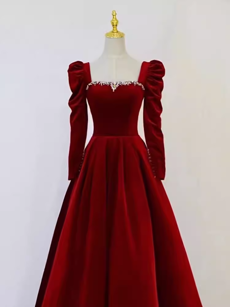 Sexy A line Long Sleeves Velvet Long Red Prom Dresses CC836