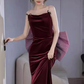 Sexy Mermaid Straps Velvet Burgundy Long Prom Dresses C837