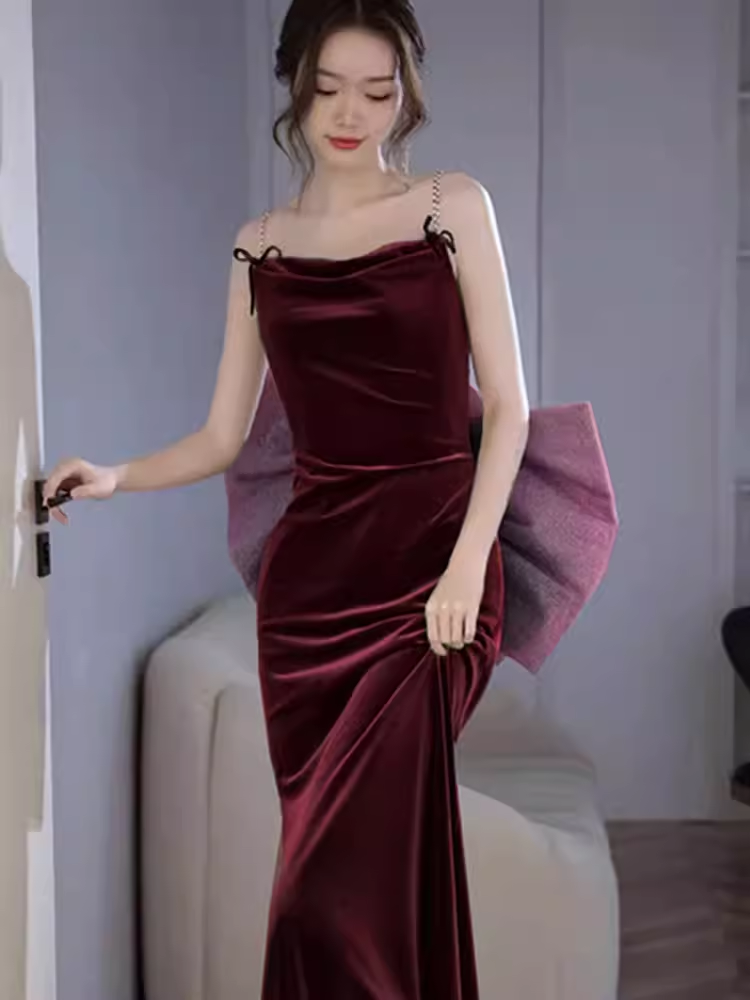 Sexy Mermaid Straps Velvet Burgundy Long Prom Dresses C837