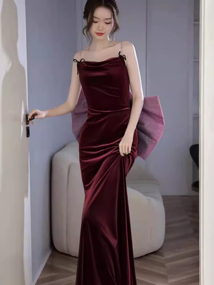 Sexy Mermaid Straps Velvet Burgundy Long Prom Dresses C837