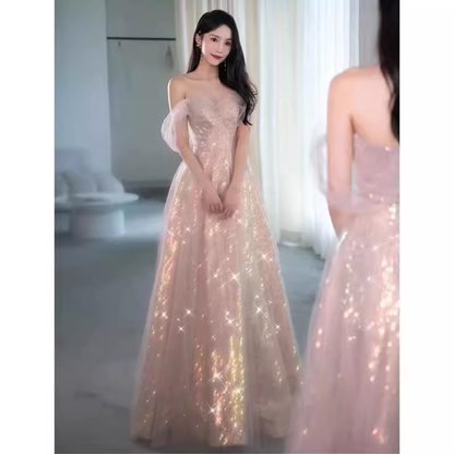 Robe de bal longue sexy en tulle rose à épaules dénudées C839