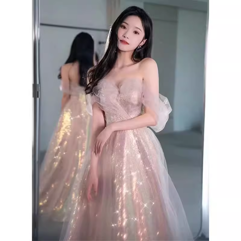 Robe de bal longue sexy en tulle rose à épaules dénudées C839