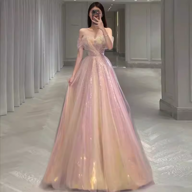 Sexy A Line Off The Shoulder Pink Tulle Long Prom Dresses C839