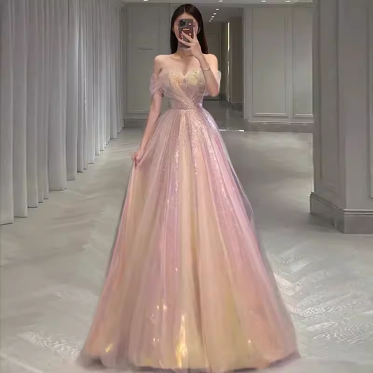 Robe de bal longue sexy en tulle rose à épaules dénudées C839