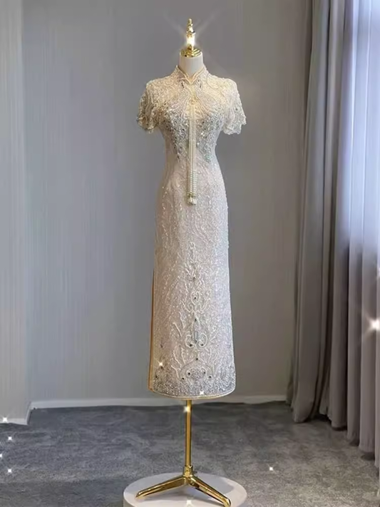 Robe de bal sexy fourreau à manches courtes et paillettes C840