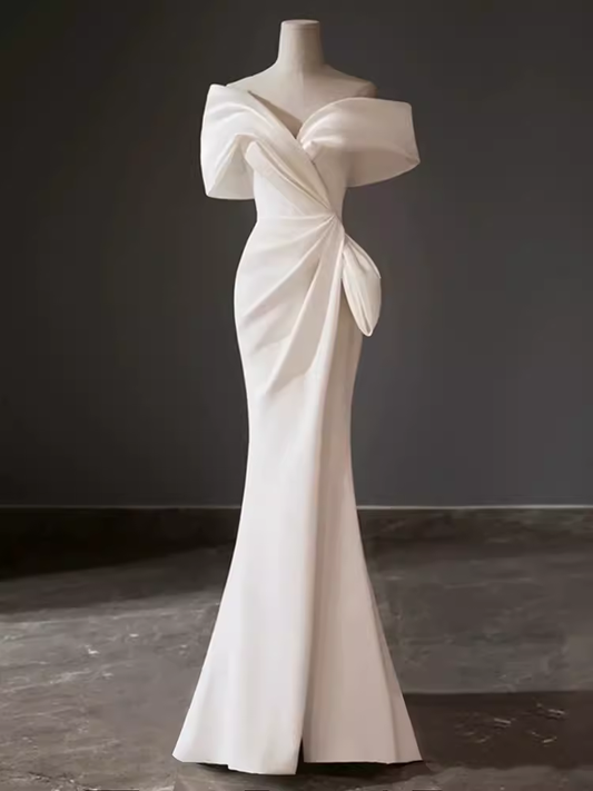 Robe de mariée longue en satin blanc à épaules dénudées et sirène de conte de fées C841