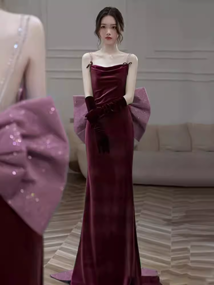 Sexy Mermaid Straps Velvet Burgundy Long Prom Dresses C837