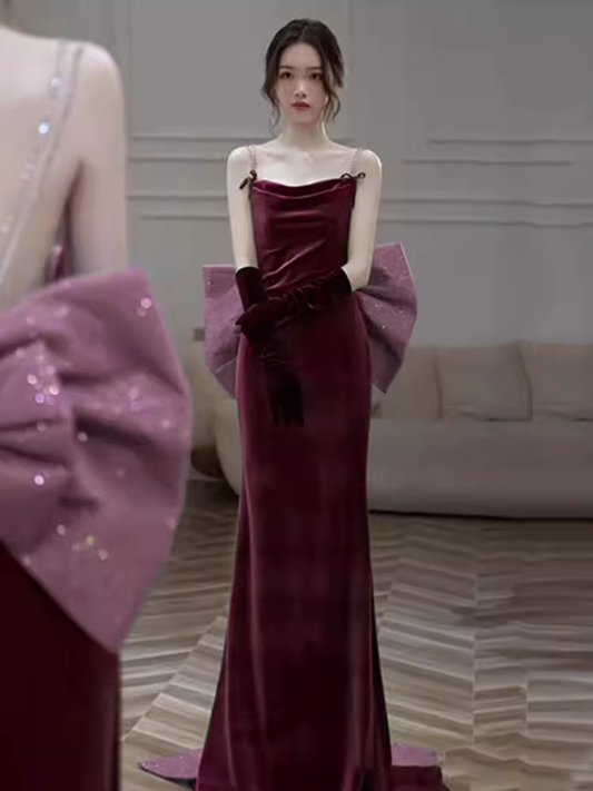 Robe de bal longue en velours bordeaux à bretelles sirène sexy C837