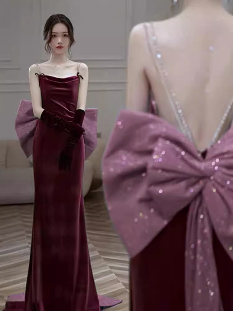 Sexy Mermaid Straps Velvet Burgundy Long Prom Dresses C837