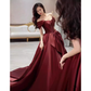 Sexy A Line Off The Shoulder Satin Burgundy Long Prom Dresses C843