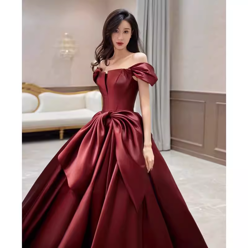 Sexy A Line Off The Shoulder Satin Burgundy Long Prom Dresses C843