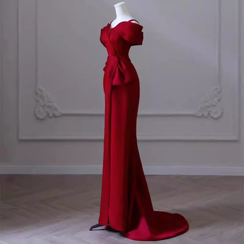 Sexy Mermaid Off The Shoulder Satin Burgundy Long Prom Dresses C844