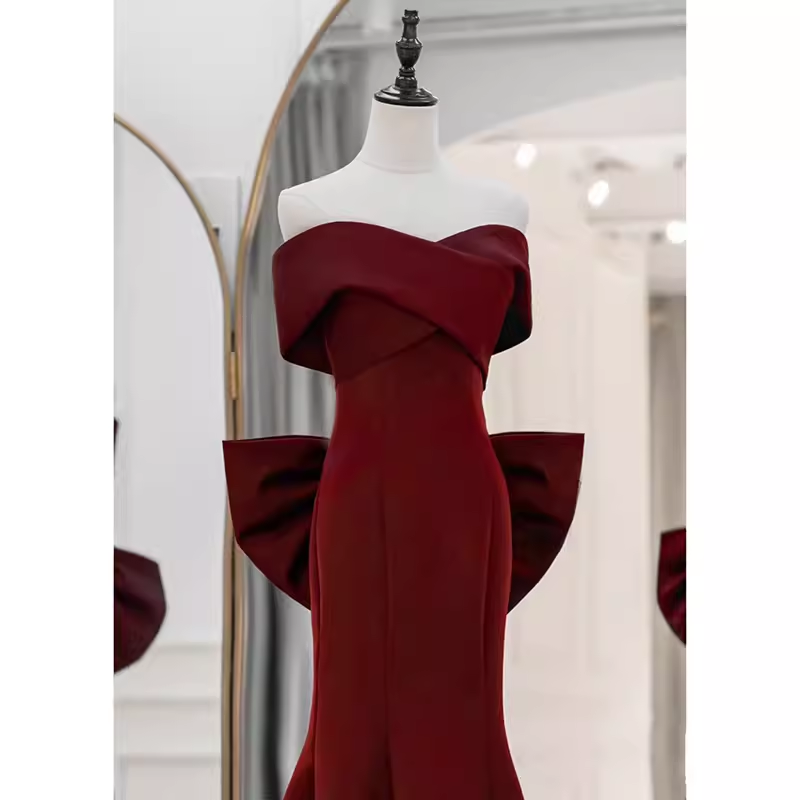 Sexy Mermaid Off The Shoulder Satin Burgundy Long Prom Dresses With Bowknot C846