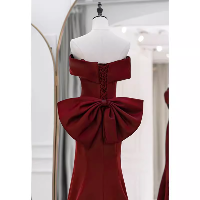 Sexy Mermaid Off The Shoulder Satin Burgundy Long Prom Dresses With Bowknot C846