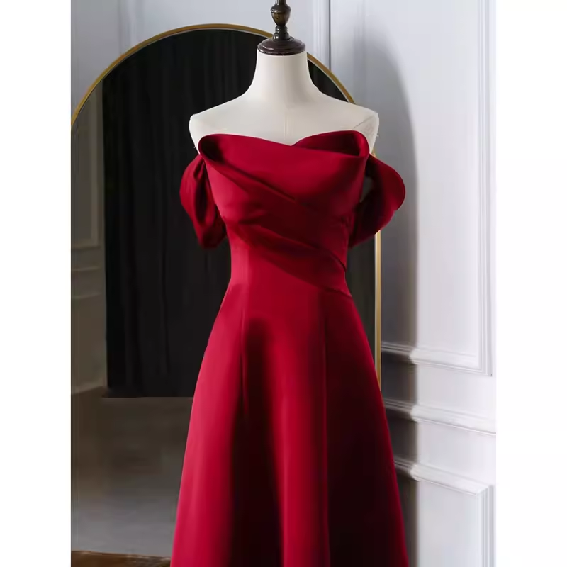 Sexy A Line Off The Shoulder Satin Burgundy Long Prom Dresses C847