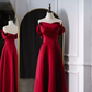 Sexy A Line Off The Shoulder Satin Burgundy Long Prom Dresses C847