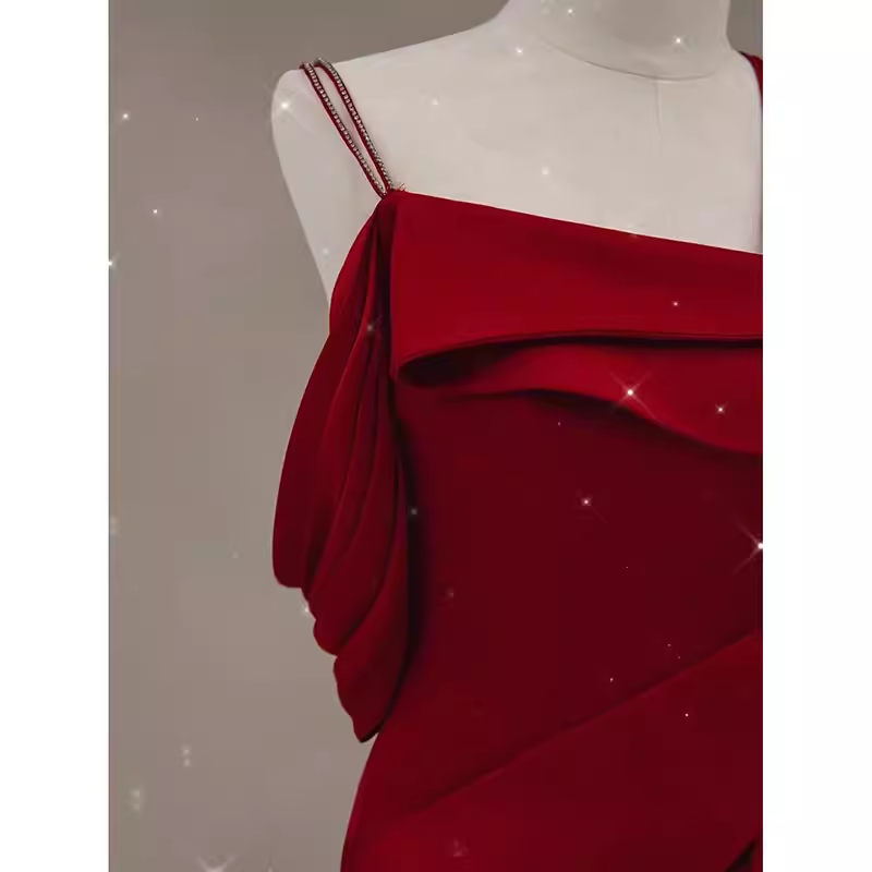 Sexy sirène bretelles Satin bordeaux longues robes de bal C849