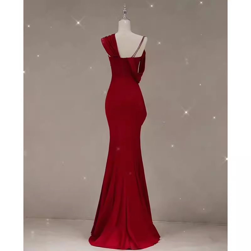 Sexy Mermaid Straps Satin Burgundy Long Prom Dresses C849